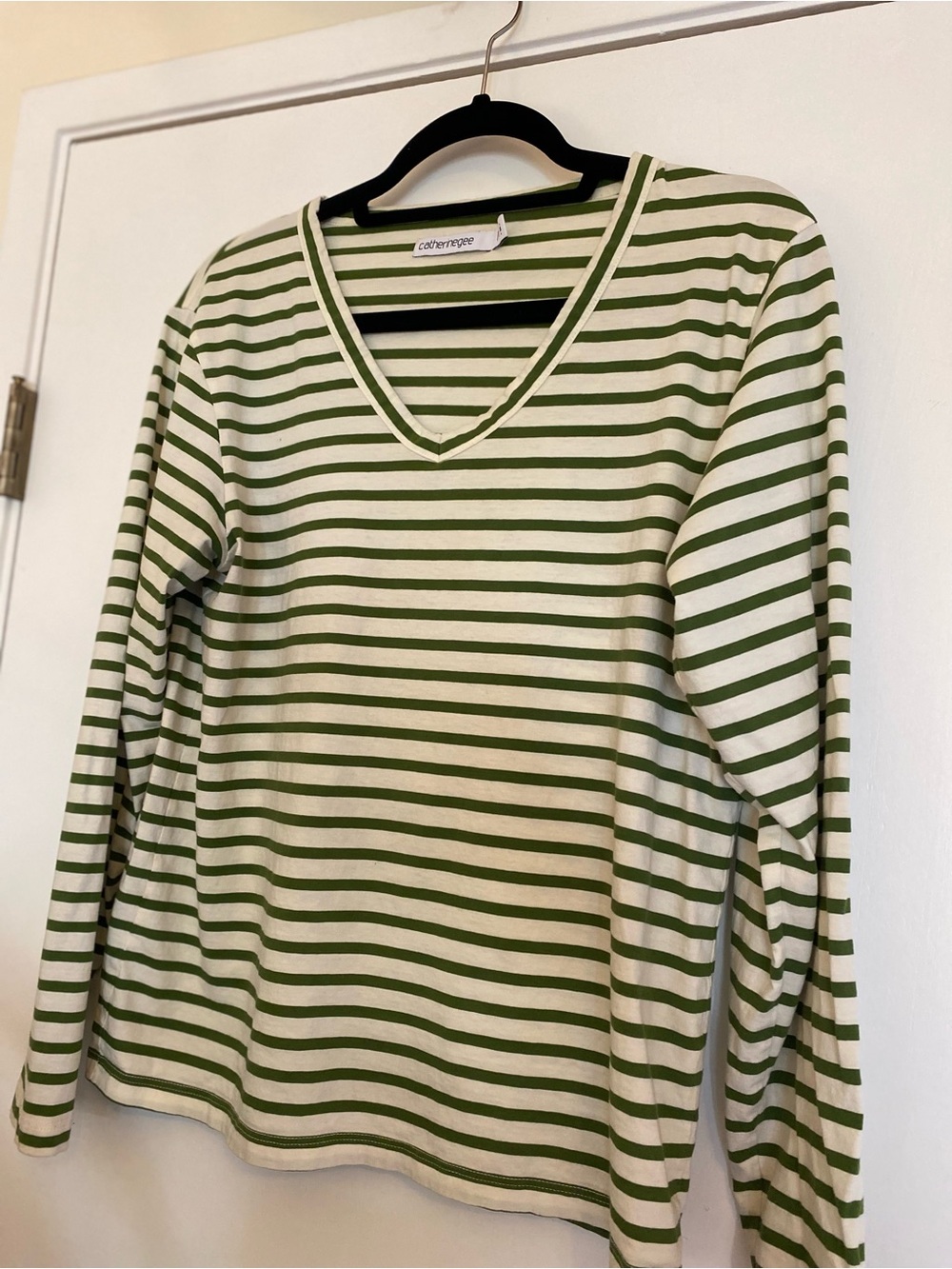 Catherine Gee Green & White Striped V-Neck Long Sleeve Tee